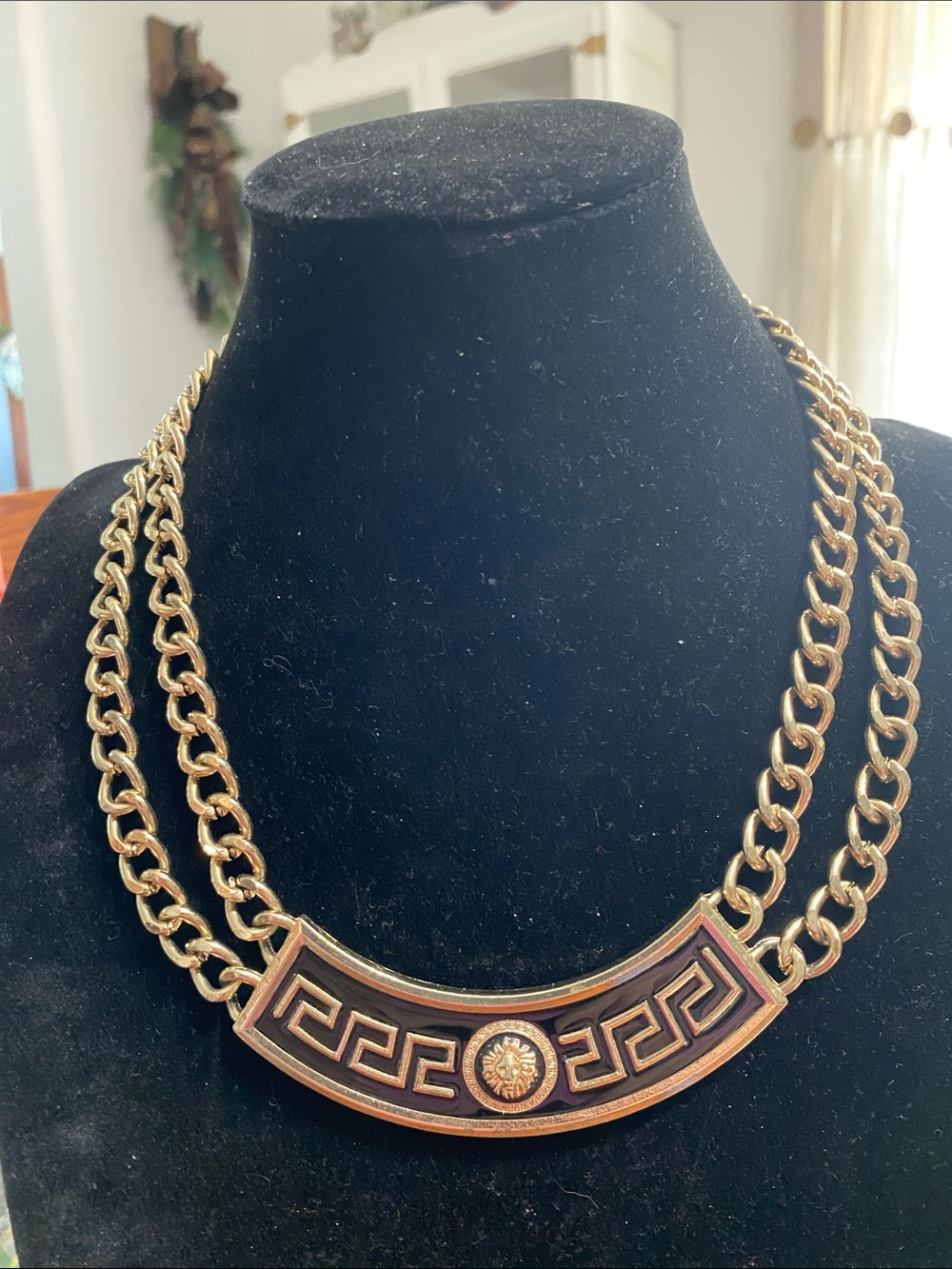 VTG Gold-Tone Double Curb Chain Necklace with Black Enamel Greek Key Panel